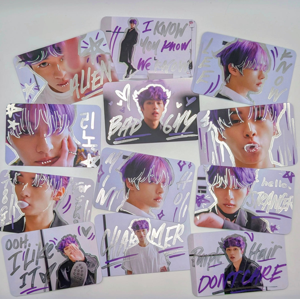 💜 Purple Hair Lee Know - Stray Kids Hand-Doodled Photo Cards Set of 12