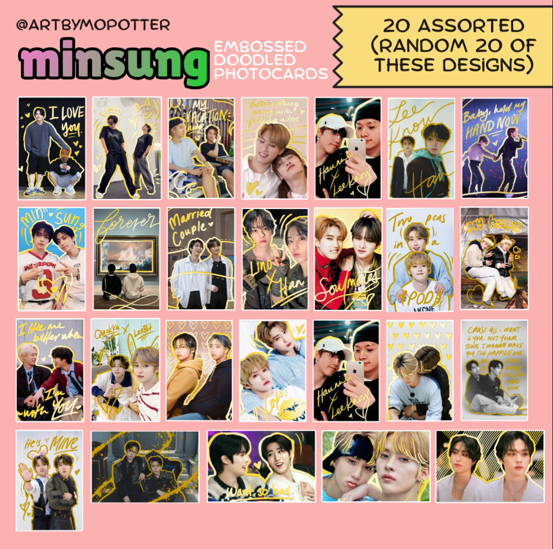 💚🩷 MINSUNG Embossed Doodled Photo Cards